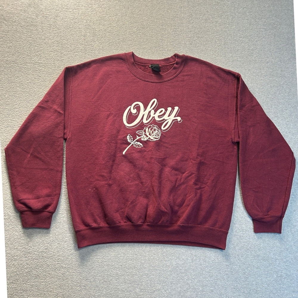 OBEY Propaganda Sweatshirt Mens Large Burgundy Rose Graphic Crewneck Streetwear